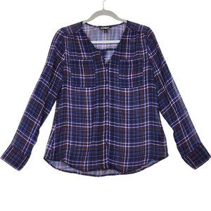 Express Womens Sz S Sheer Top Blue Plaid Long Sleeve V-Neck Button Front Blouse